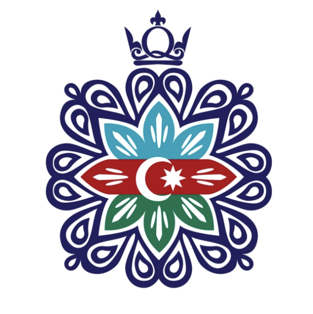 Queen Mary Azerbaijan Society crest, a floral emblem in the colours of the Azerbaijan flag